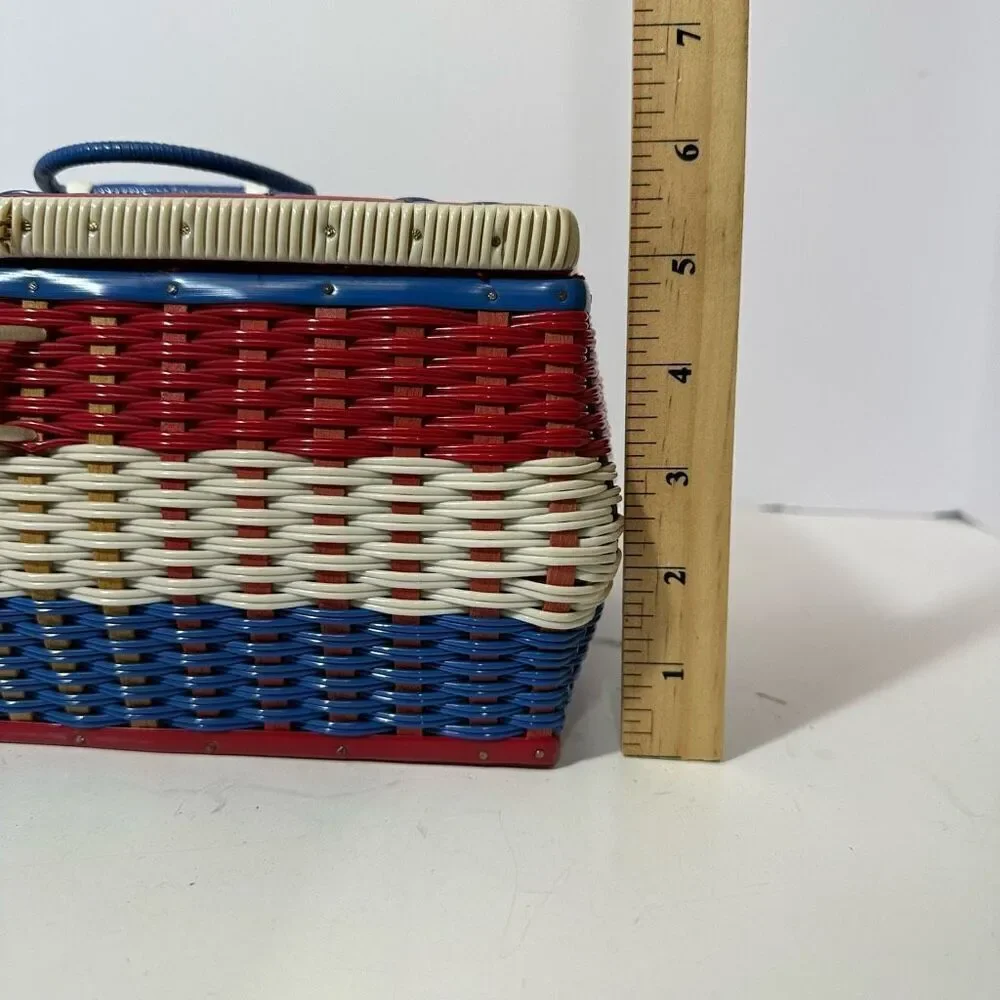 Vintage Red/White/Blue Sewing Basket with Satin Lining